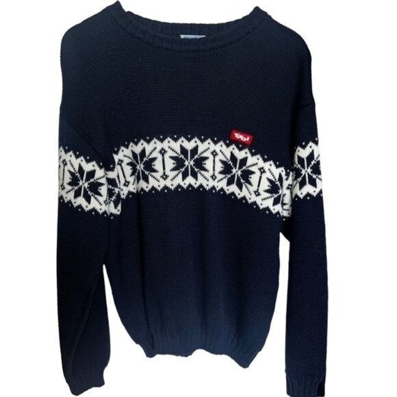 TIROL Sweater Mens L Navy White Wool Blend Nordic Snowflake Pullover Vintage - Picture 1 of 11